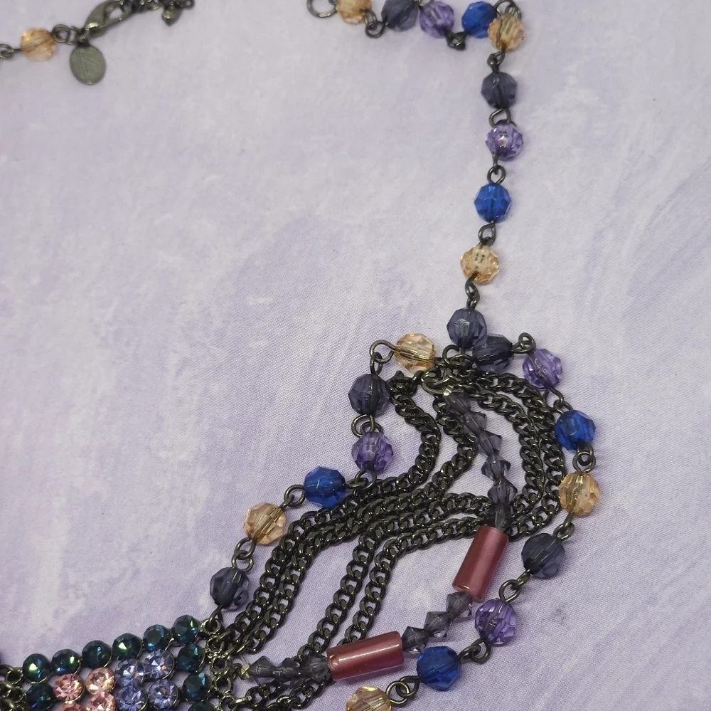 Joann She Multi-Strand Necklace Square Multi-Colored Rhinestone & Bead Pendant